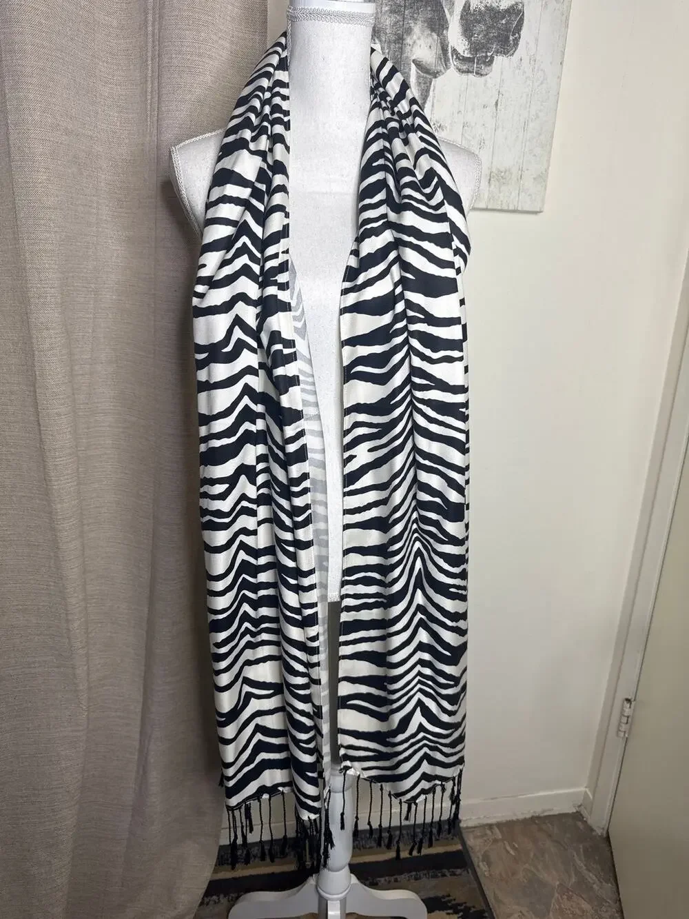 Barrie Place Y2K SILK Zebra Print Scarf- Animal Print Tassle Scarf 2000s